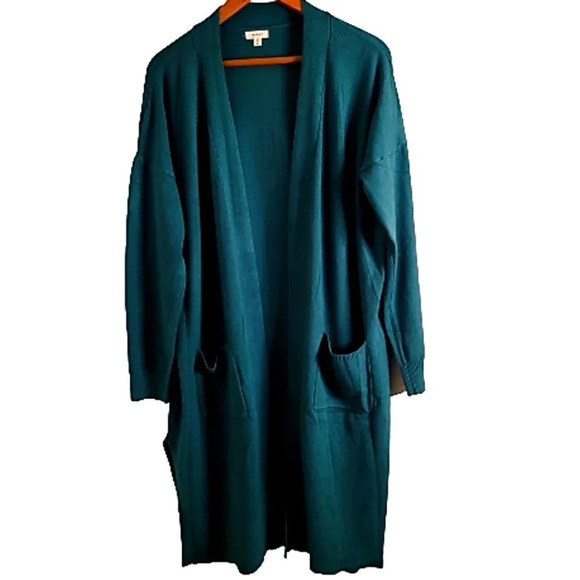 Debut women's Green Cardigan Sweater Size M Long Sleeve Open Pockets slit sides - Picture 1 of 10
